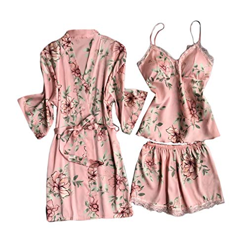 Youmymine Women's Satin Silk Lace Pajamas Print Nightgown Bathrobe Robes Underwear Wireless Sleepwear (S, Pink)