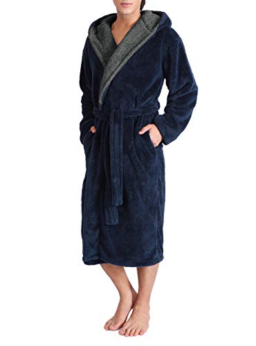 DAVID ARCHY Men's Hooded Fleece Plush Soft Shu Velveteen Robe Full Length Long Bathrobe (M, Navy Blue)