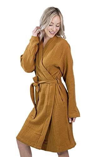 Aegean Concept - MUSLIN BATHROBE Organic Turkish 100% Cotton | Unisex - Men and Women | Super Absorbent, Sustainable and Cozy, Breathable and Fast Dry - Bath, Beach, Pool, SPA, Shower, Gym [MUSTARD-L]