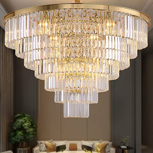 MEELIGHTING Gold Plated Crystal Chandelier Lighting Modern Contemporary Empress Chandeliers Pendant Ceiling Lamp Light Fixture 7-Tier for Duplex House Dining Room Living Room Hotel (24 Lights) W39.4