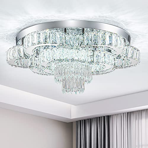 HongnuoFc 21 Inch Crystal Chandelier Crystal Ceiling Light Fixtures LED Flush Mount Ceiling Lamp Luxury Chandeliers for Living Room Bathroom Bedroom Entrance (Cool White)