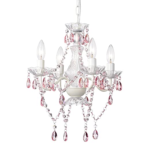 Pink Chandelier White Chandelier Lighting with Acrylic Crystals Mini 4 Lights Chandelier for Bedroom
