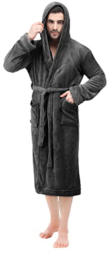NY Threads Mens Hooded Fleece Robe - Plush Long Bathrobes (Large-X-Large, Grey)