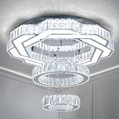 xychfantligh 22.4 inches Modern Crystal Chandeliers LED Chandelier Lamp Round Ring Flush Mount Ceiling Light Fixtures for Living Room Bedroom Closet Dining Room Lighting (Cool White)