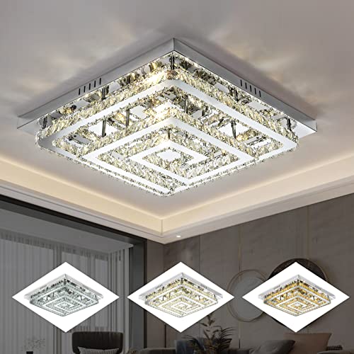 23" Large Elegant Crystal Chandelier, Modern Led 3 Color Dimmable Ceiling Light 2 Layers Square Flush Mount Ceiling Lamp for Bedrooms Dining Rooms Living Room Kitchen Staircase Hallway(Dimmable)