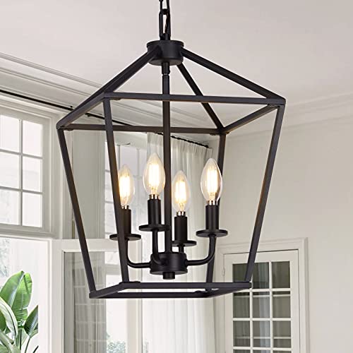 4 Light Chandelier, Industrial Ceiling Light Black Lantern Light Fixtures with Farmhouse Metal Cage Adjustable Height Rustic Geometric Hanging Light E12 Base for Kitchen Island, Entryway, Indoor Use