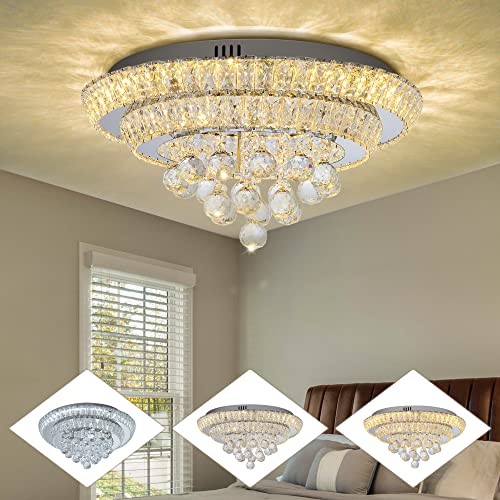 Sunny Hawaii Elegant LED Crystal Raindrop Ceiling Light,20" Flush Mount Chandelier Light Fixture with Remote Control for Living Room, Kitchen Island,Bathroom,Bedroom,Hallway(Dimmable)