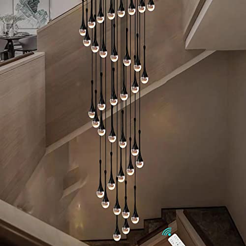 12foots Loog Crystal Staircase Pendant light 36-Light Black Raindrop Crystal Chandeliers Foyer Entrance High Ceiling Hanging Chandelier 3000-6000k Dimmable Fixtures Living room LED Chandeliers