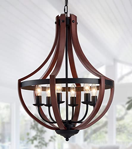 MEIXISUE Farmhouse Rustic Chandeliers for Dining Room Kitchen Foyer Stairway Living Room,6-Lights,Black+Oak Red Finish UL Listed