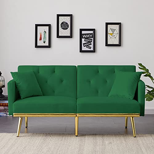 TMEOSK 60" Convertible Velvet Futon Sofa Bed with 2 Pillows and Adjustable Backrest Angle, Folding Lovesest Sleeper Couch for Bedroom Living Room Apartment (Green)