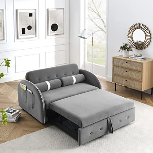 Yuxuanhang Modern 55.5" Pull Out Sleep Sofa Bed, 2 Seater Loveseats Couch with Side Pockets, Adjustable Backrest and Lumbar Pillows for Apartment Office Living Room Bedroom, Grey
