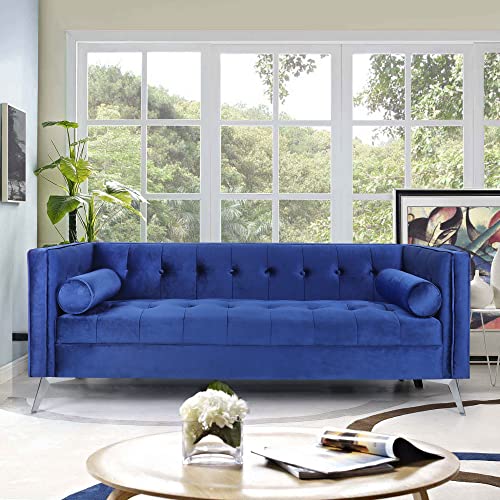 wirrytor Mid-Century Velvet Chesterfield Sofa Couch, Modern Love Seats Sofa Furniture, Upholstered Button Tufted Couch with 2 Bolster Pillows for Living Room Apartment(Blue)