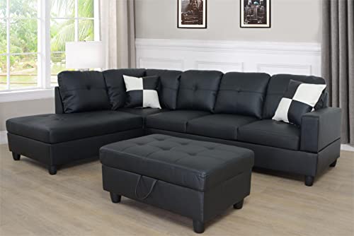 DHHU 3 Piece Living Room Furniture Set, Couch with Storage Footrest, Sectional Sofa for Home, Office, Studio, 103" x 72.5" x 32", D-L-Shaped/Black