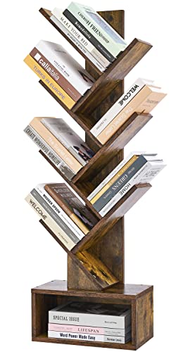 Hoctieon 6 Tier Tree Bookshelf, 6 Shelf Bookcase with Drawer, Modern Book Storage, Free Standing Tree Bookcase, Utility Organizer Shelves for Home Office, Living Room, Bedroom, Rustic Brown