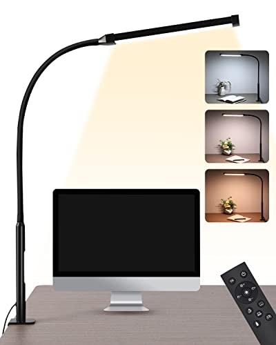 LIBORA LED Desk Lamp with Clamp, Smart Dimmable Clip Light for Home Office, 3 Modes 6 Brightness, Long Flexible Gooseneck, Eye-Caring, Architect Task Lamp with Remote & Touch Control, Black