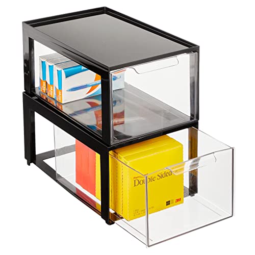 mDesign Plastic Stackable Office Storage Organizer Bin with Pull Out Drawer for Cabinet, Desk, Shelf, Cupboard, Cabinet, or Closet Organization - Lumiere Collection - 2 Pack - Black/Clear