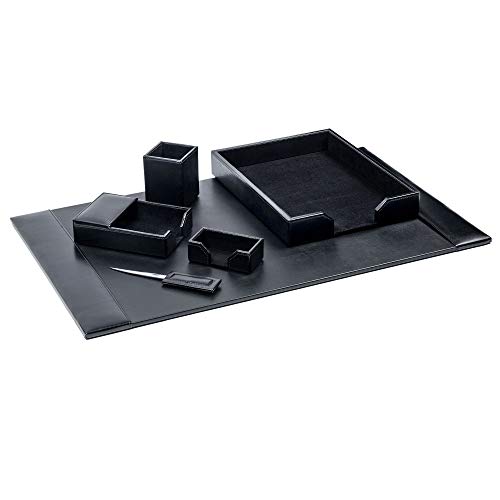 Dacasso Wood & Leather Set Luxury Leather Desk Pad & Desk Organization Essentials, 6 Piece, Black