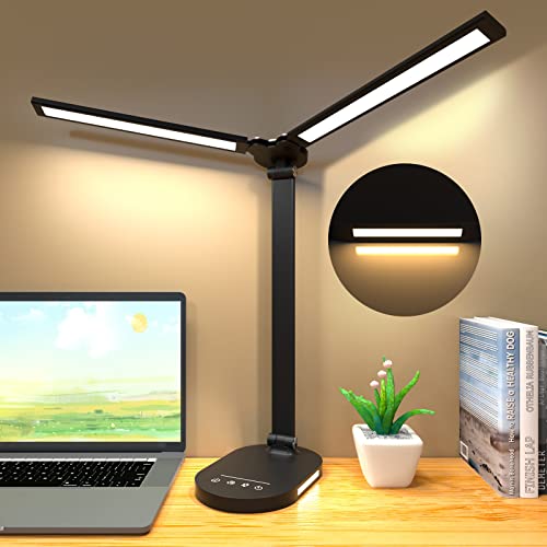 Smaeti Desk Lamps for Home Office - LED Desk Lamp with Night Light, Office Desk Lamp, USB Charging Port,5 Color Modes 5 Brightness Levels,Auto Timer, Eye-Caring Desk Light for Dorm Study Reading