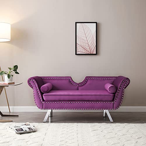 Holaki 61"Velvet Loveseat,Upholstered Chesterfield Sofa with 2 Round Pillows,Mid Century Modern Settee Love Seat with Nailhead Trim Curved Backrest Roll Arm,Metal Leg,Small Sofa for LivingRoom(Purple)