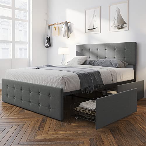 Amyove Queen Bed Frame with 4 Storage Drawers and Adjustable Headboard, Modern Grey Upholstered Bed
