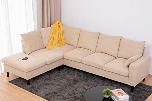 Panana Sectional Sofa Modern L Shape Corner Chaise Sofa Sectional Sofa Couch for Apartment Sectional Set with USB Port (Beige, 3 Seater Corner with Chaise)