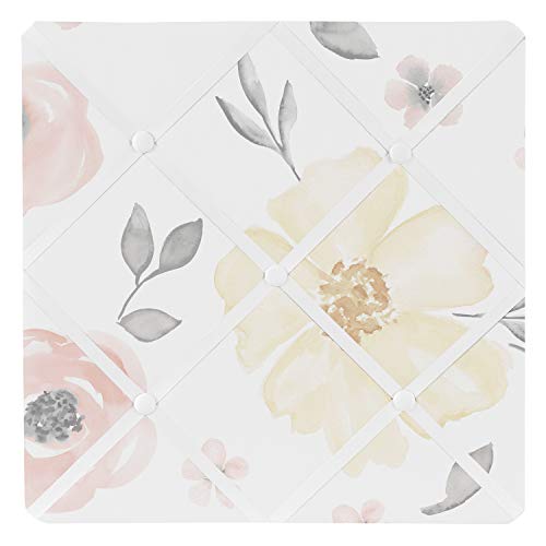 Sweet Jojo Designs Yellow and Pink Watercolor Floral Fabric Memory Memo Photo Bulletin Board - Blush Peach Orange Cream Grey and White Shabby Chic Rose Flower Farmhouse
