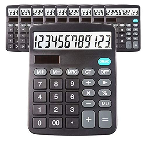 10 Pack Calculators Large Display for Desk, Big Button Basic 12 Digit Desktop Office Calculator(Black) Solar Calculator and AA Battery (Included)