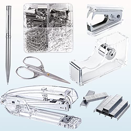 Office Supplies Set, Desk Stationery Accessories Kit Including Stapler, Staple Remover, Tape Dispenser, Binder Clips, Paper Clips, Ballpoint Pen and Scissor with 2000pcs Staples(Silver)