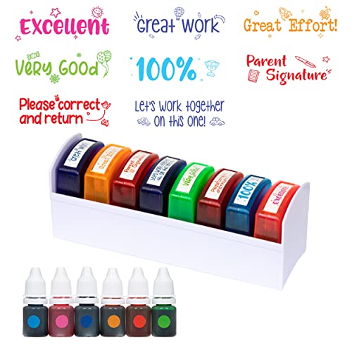 Stamp Joy - 8 Self-Ink Flash Stamp Set with Matching Ink Refills, New Stamp Design, Multicolor Teacher Stamps, Office Stationery Stamps, Pre-Inked Stamps for Teachers