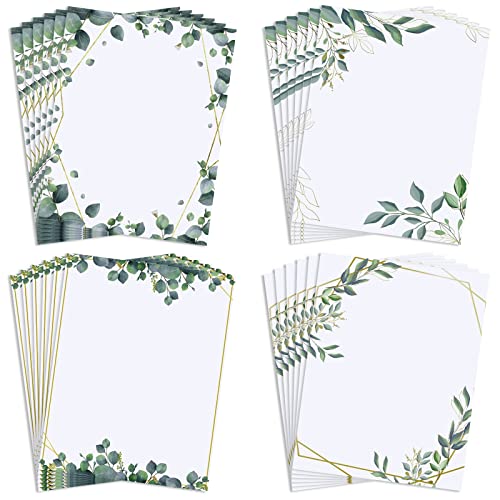 48 Sheets Paper Stationery Decorative Design Printer Paper Leaf Theme Greenery Border Design Writing Stationary Printing Paper 8.5 x 11 Inches for Office School Wedding Home Supplies (Eucalyptus)