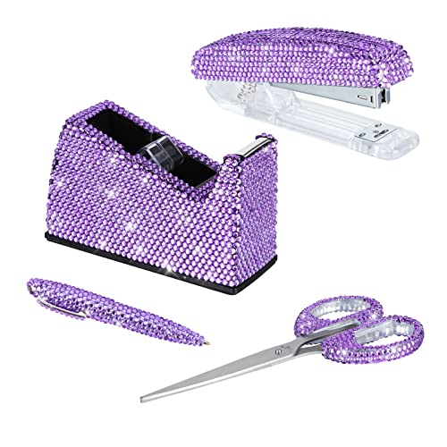 Office Stationery Set,Desk Accessory Kit, Home Office Necessary- Stapler & Desktop Tape Dispenser & Ballpoint Pens & Scissor 4 Piece Office Desk Accessories Kits (Purple)