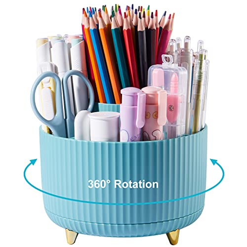 Lolocor 360 Degree Rotation Pen Holder, 5 Slots Office Desk Pen Organizer Multi-Functional Pencil Cup Makeup Brush Holder Office Business Card Pen Pencil Stationery Holder Storage Box Blue