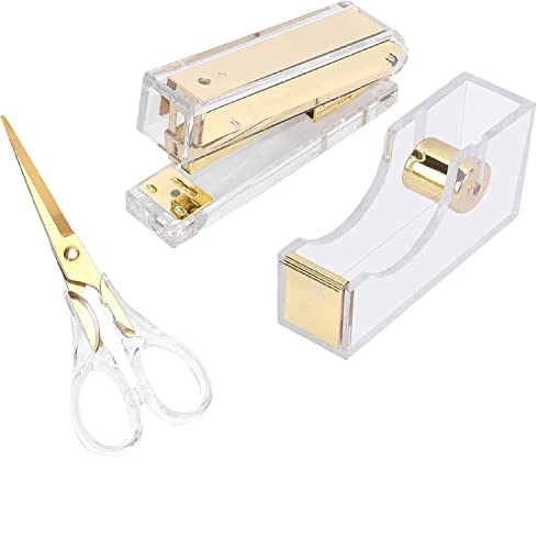 Acrylic Gold Stapler Tape Dispenser Scissors Set Heavy Duty Office Desk Stapler Tape Cutter Dispenser with 6.3" Gold Scissors Office Supplies Stationery Desk Set for Home, Office N School