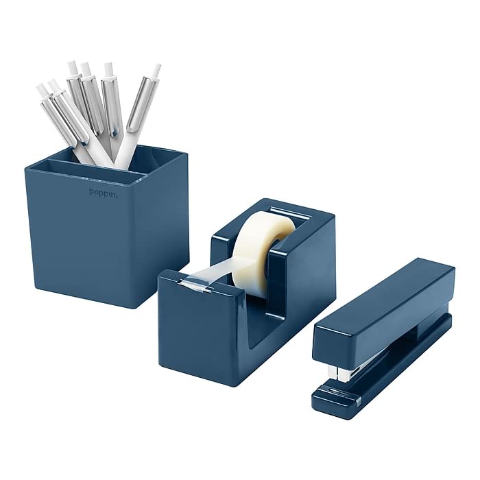 Poppin Desktop Starter Set - Slate Blue. Includes Stapler, Tape Dispenser, Two-Compartment Pen Cup and Set of 6 Retractable Gel Luxe Pens with 1mm Tip. Complete Office Stationery Set.