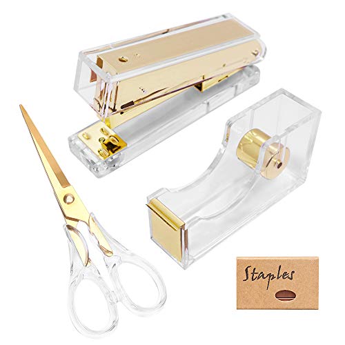 1-Inch Core Clear Acrylic Gold Tape Dispenser Stapler Scissors Set with Tape 24/6 Rose Gold Staples, Acrylic Scissors Stationery Desk Stapler Office Supplies (Gold)