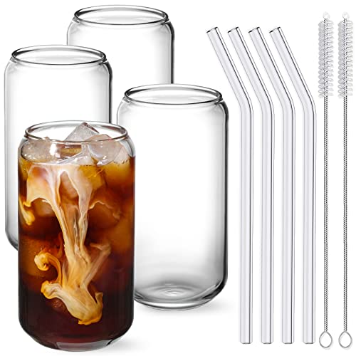 NETANY Drinking Glasses with Glass Straw 4pcs Set - 16oz Can Shaped Glass Cups, Beer Glasses, Iced Coffee Glasses, Cute Tumbler Cup, Ideal for Whiskey, Soda, Tea, Water, Gift - 2 Cleaning Brushes