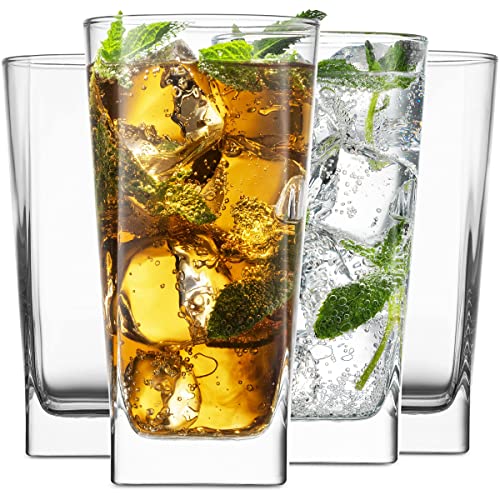 Home Essentials & Beyond Highball Glasses 16 Oz. Set of 4 Tall Square Glass Cups Premium Quality Beverage Cooler Glassware. Uses for Bar Glasses, Water, Juice, and Cocktails.