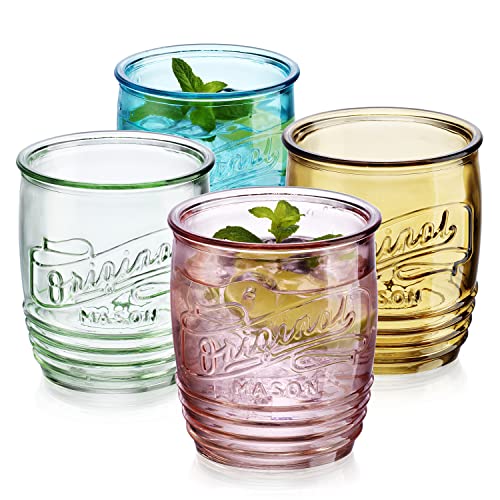 Glaver's Set Of 4 Original Mason Collins Glasses Assorted Colored Drinking Glasses For Juice Smoothies Cocktails Fine Beverage Glass Cups (Original Mason Whiskey Colored 13 OZ.)