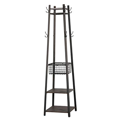 VECELO Coat Rack Freestanding, Entryway Clothes Stand with Metal Basket and 2 Shelves, Upgrade Hall Trees with 8 Dual Hooks for Bags, Hats, and Umbrellas, Industrial Styles, Vintage Brown+ Black