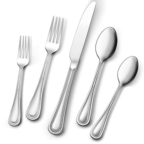60-Piece Silverware Set, Stainless Steel Flatware Set for 12, Pearled Edge Food-Grade Tableware Cutlery Set, Utensil Sets for Home Restaurant, Mirror Finish, Dishwasher Safe