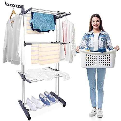 Kentaly Clothes Drying Rack, Large 3-Tier Rolling Folding Dryer Hanger Storage Collapsible Garment Rack Standing Rack with Foldable Wings and Casters for Indoor Outdoor