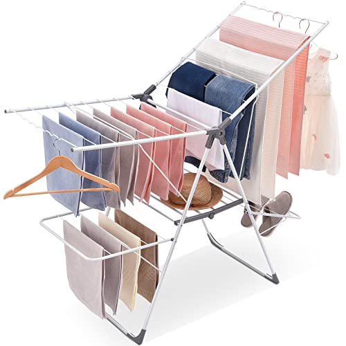 TOOLF Clothes Drying Rack, Clothes Rack, Foldable 2-Level Laundry Racks for Drying Clothes, with Height-Adjustable Wings, Indoor/Outdoor Portable Dryer for Clothing and Towels, White