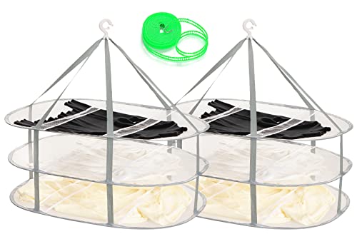 AUTODECO 2 Pack 3-Tier Folding Mesh Clothes Hanging Dryer, Sweater Drying Rack, Large Laundry Drying Rack, Lay fold Flat Dry Hanger, Mesh Clothes Hanging Dryer - XL(3Tier)+XL(3Tier)