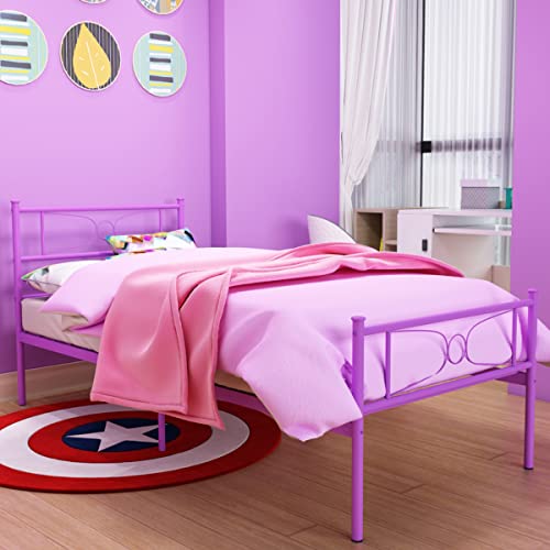 GIME Purple Twin Bed Frames with Storage for Adults Teens, Single Beds Metal Twin Size Beds for Girls, No Box Spring Needed Twin Platform with Headboard for Students