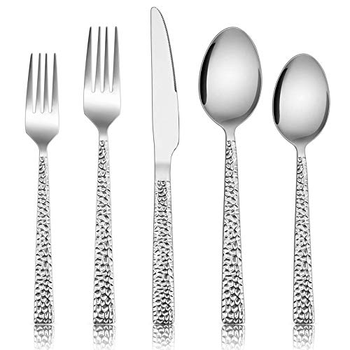 Hammered Silverware Set, E-far 40-Piece Stainless Steel Square Flatware Set for 8, Metal Tableware Cutlery Set Includes Dinner Knives/Forks/Spoons, Modern Design & Mirror Polished - Dishwasher Safe