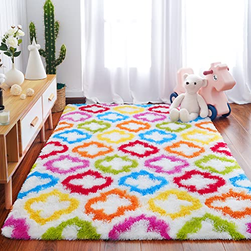 Tepook Fluffy Colorful Rug for Kids, Shaggy Soft Rainbow Area Rugs for Girls Bedroom, Indoor Modern Geometric Moroccan Rugs Plush Girls Kids Rug for Playroom Teens Room Nursery Home Decor, 3 X 5 ft