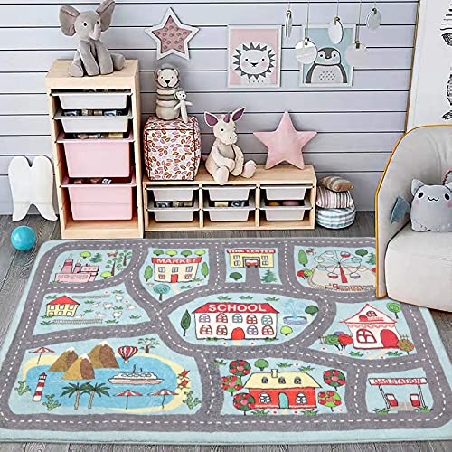 Playroom Rug Play Carpet 4’ x 6’, Blue Large Educational Children’s Play Mat, Learning & Have Fun Safely Non-Slip Washable Road Traffic Floor Area Carpet, Great for Kids Room Bedroom