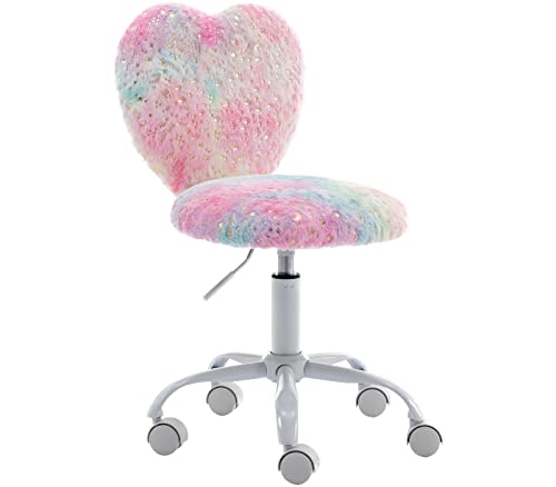 chairus Kids Desk Chair Faux Fur Study Chair for Teenage Girls, Adjustable Heart Shaped Kids Vanity Chair for Bedroom Reading Living Room, Small Cute Student Task Chair with White Foot, Colorful