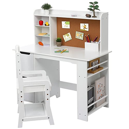 Wooden Study Desk and Chair for Kids, White Learning Table with Bookshelf, Bulletin Board and Cabinets, for Boys and Girls, 3-8 Y