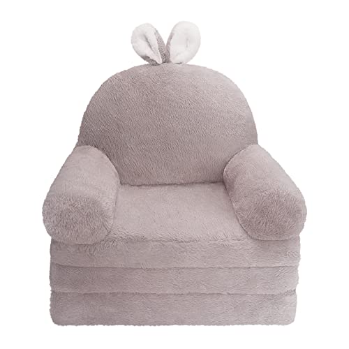 MONKISS Foldable Kids Sofa, Toddler Chair Plush with Removable Cover, Comfy Kids Couch for Kids Age 1-3 (Grey Bunny)